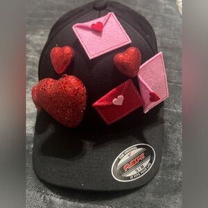 Black Cap with Red Hearts and Pink Envelopes